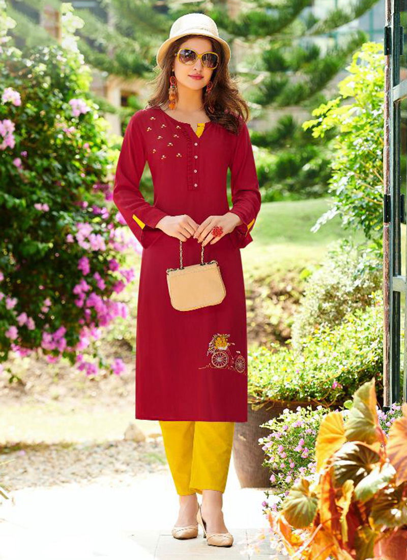 Sameera Rayon Designer Slub With Embroidery Work Stylish Look Kurti Collection 4001-4006